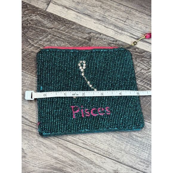 Beaded Pisces Zodiac Coin Purse | Teal & Pink Astrology Pouch with Rhinestone Co - Picture 6 of 7